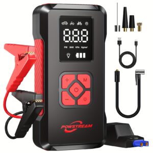 5-in-1 6000A Peak Portable Car Jump Starter With Air Compressor, Battery Booster Charger With Power Bank For 12V(8.0L Gas/1.72gal Diesel) Engines-Motorcycle, Car, SUV, PICK-UP, Truck, Quick Start Dead Battery, Flashlight For Outdoor Adventures