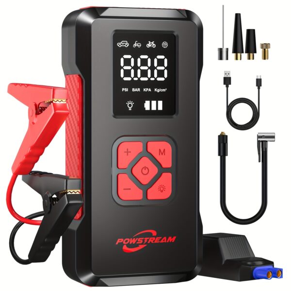 5-in-1 6000A Peak Portable Car Jump Starter With Air Compressor, Battery Booster Charger With Power Bank For 12V(8.0L Gas/1.72gal Diesel) Engines-Motorcycle, Car, SUV, PICK-UP, Truck, Quick Start Dead Battery, Flashlight For Outdoor Adventures