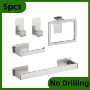 Stainless Steel Bathroom Hardware Set, Featuring a Square No-Drill Towel Bar, Towel Ring, Tissue Holder, And Hooks. Rust-Resistant, Durable, And Easy to Install, It Makes a Perfect Home Decoration And a Delightful Gift.