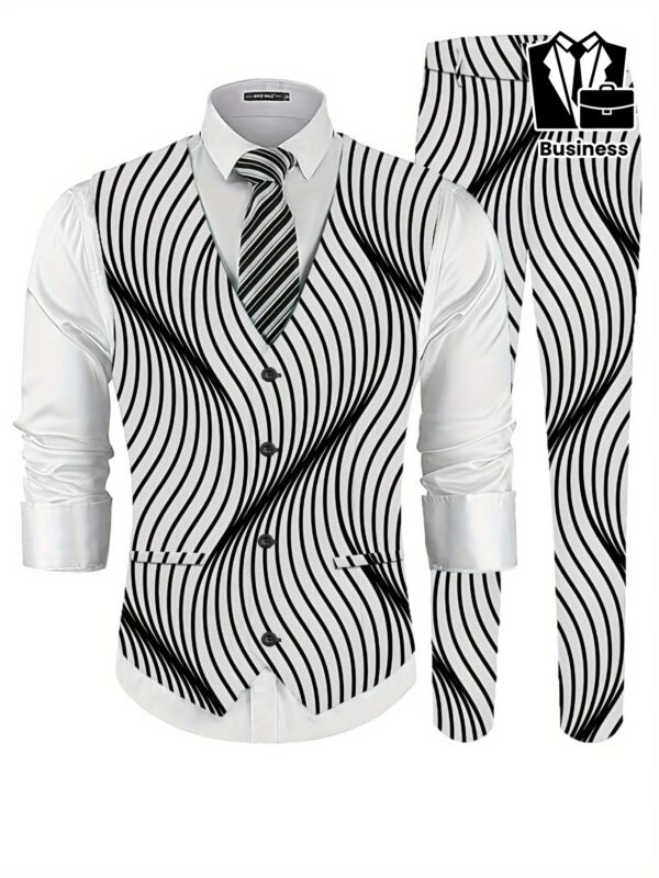 Men'S Fashion 2pcs Vest + Pants Suit in Black and White Wave Line Element Abstract Geometric Style Digital Print Men'S Formal Wear Set with Business Dress Shirt Vest and Trousers Combo