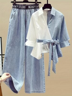 Spring Women'S Clothing Two-piece Set: A Stylishly Designed Spliced Faux Two-piece Shirt with A Effect, Paired with Jeans, Perfect for Casual Attire, Casual Attire| Effect Top|Sleek Two-Piece Set