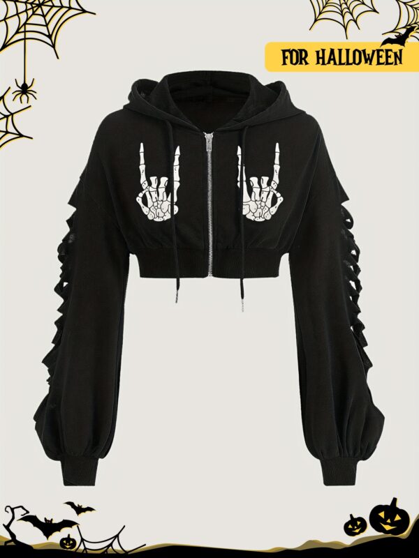 [Halloween Skull Hoodie] Halloween Themed Women's Street Style Hooded Sweatshirt | Skull Design, Long Sleeve Hollow-Out Pattern, Loose Fit Pullover Hoodie with Front Zipper and Drawstring Detail | Perfect for Autumn/Winter Outfits