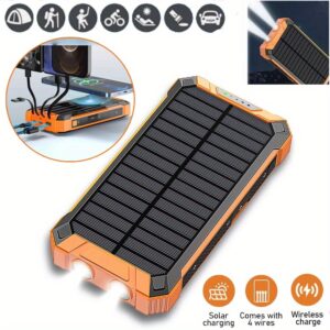 36000mAh Solar Tactical Power Bank with Built-in 4 Cables & 6 Outputs 15W Fast Charging, Wireless Charger, Dual Flashlights, Solar Charging, Durable Rugged Design for Hunting, Camping, Travel - Emergency Backup for GPS, Outdoor Gear (Black), Solar Phone Charger