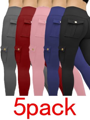 5pcs Women'S Ultra-Soft High-Waist & Leggings - Non-See-Through, Stretchy Polyester/Elastane Blend with Pockets, Solid Colors (Gray, Red, Pink, Blue, Black) - Comfortable & Wear, Pants, Highwaist Design, Durable Fabric