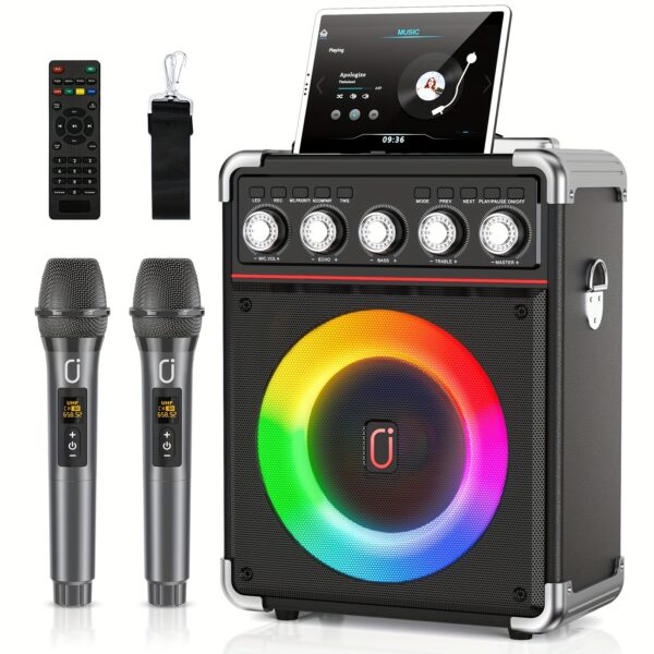 d32481f4-7ef1-4b29-97f0-db7f8347eded.jpg Karaoke Machine, with 2 Wireless Karaoke Microphones, Party Speaker with Bass/Treble Adjustment, DJ Lights, Portable Speaker for Home Party, Birthday Party, Gatherings