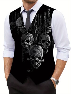 Men's Gothic Skeleton Vest - Button-Up Front, Non-Stretch Fabric for Durability - Everyday & Special Occasions - Edgy Layering Piece for Punk, Heavy Metal Events - All-Season Men's Outerwear, Punk Fashion, Bold Print, Highquality Finish, Statement Piece, Alternative Style
