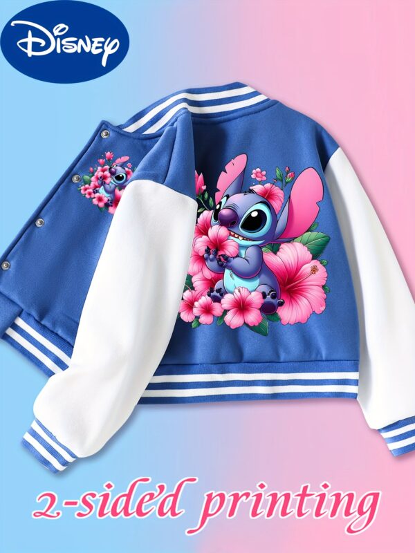 Disney Girls Baseball Jacket - Stitch & Floral Pink Baseball Coat with Button Closure, Warm Outerwear for School, Sports, Playdates - Official Disney Girls' Jacket for Fans