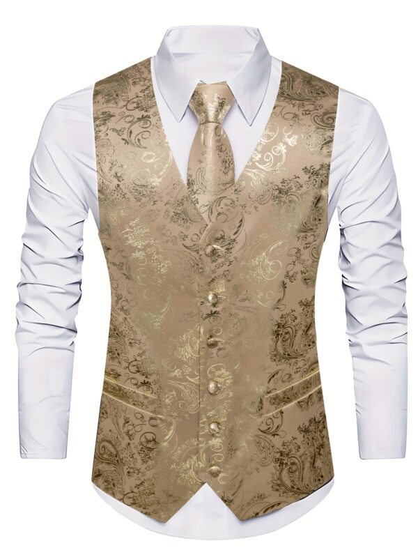 [Luxury Waistcoat] 4pcs Luxury Mens Waistcoat | Floral Pattern V-neck Suit Tie Set | Formal/Wedding Party Dress Vest