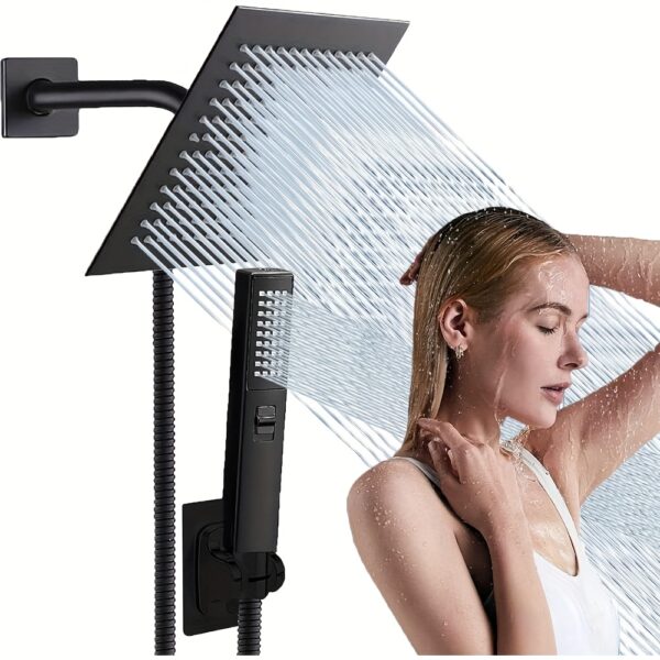 High Pressure Square Rainfall Shower Head And 2-in-1 Hand Shower, Equipped With Hose, 3 Way Diverter Valve, Adhesive Shower Head Holder.