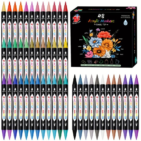 d348e987-b495-4665-a51f-1e2de2dd1cd6.jpg TBC The Best Crafts Dual Tip Acrylic Paint Markers, Waterproof, Non-Toxic, Odorless, Suitable For Paper, Pottery, Stones, Backpacks, Glass