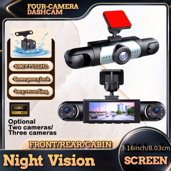 1080P Ultra HD Car Dash Cam with Front 1080P, Rear, Left and Right 480p Recording - Optional 32GB SD Card, 4 Lens, 360° Rotary Camera, Ring Recording, Loop Recording, Night Vision, and Auto Accessories for Enhanced Safety!