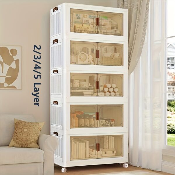 Large White 2/3/4/5-Tier Heavy-Duty PP Plastic Folding with Doors - Foldable Locking Mechanism, ≥27" Height, ≥3.2 Cu Ft Capacity - Ideal for Home, Office & Outdoor, Portable Wardrobe Closet, Foldable Wardrobe Closet, Laundry Storage