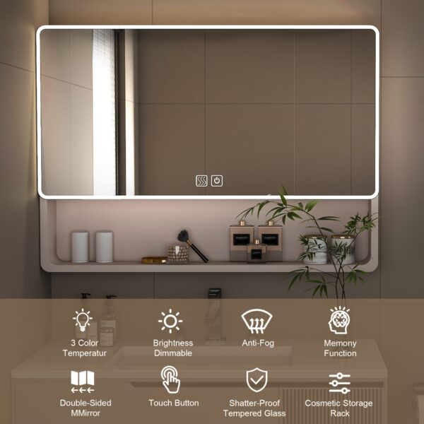 Stone 35"x28" Aluminum Bathroom Mirror Cabinet with Smart LED Lighting, Defogging, and Touch Button Control, Wall-Mounted Vanity Mirror with Cosmetic Storage Rack & Hair Dryer Holder, Khaki, Contemporary Design, Bathroom Storage Solution | Modern Vanity Design | Hightransparency Glass, Vanity Accessories