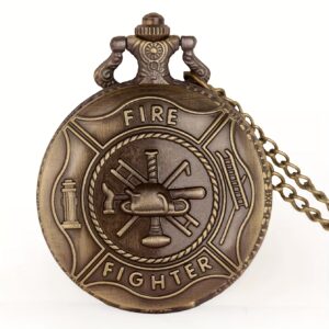 Vintage Steampunk Bronze Firefighter Pocket Watch - Quartz Movement, Alloy Case, World Time, Retro Design with "FIGHTER" Emblem - Ideal Gift for Men and Women, Firefighter Gifts