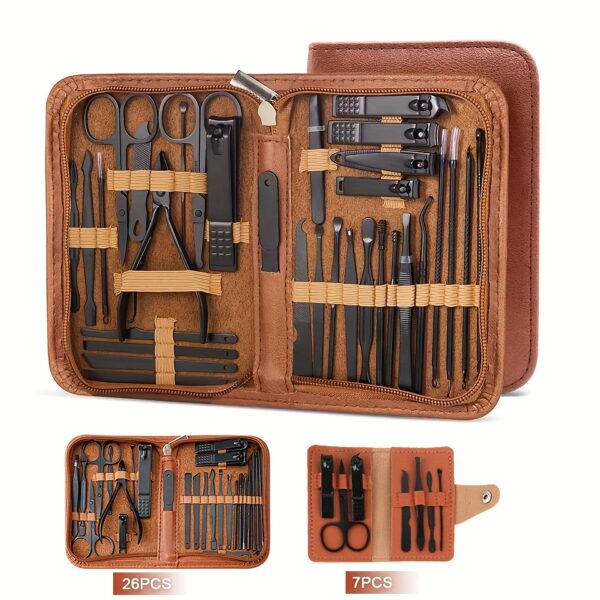 A Complete Set of Stainless Steel Nail Clippers And Care Tools, Packed in a Luxurious Leather Travel Case, Easy to Carry, Including 7/26pcs of Travel Nail Clippers Set, Brown, Portable Flat Bevel Manicure Clippers Home Nail Clippers Complete Set of Nail Clippers And Nail Art Set High-End Care Home Stainless Steel Nail Clippers Set