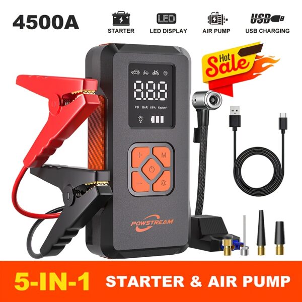 d503b7af-ad6b-4130-9183-4aae63319776.jpg Powerful 6000A 7200W Jump Starter & 150PSI Tire Inflator for 12V Gas/2.11gal Diesel Vehicles - Digital Display, Emergency Light, Portable Power Bank with USB-C Charging, LED Front & Bottom Lighting, SOS Mode, Warning Flashing Lights, Roadside Assistance, Vehicle Maintenance, Multifunctional Tool, Compact Design, Durable Construction, Fast Inflation, Car Owners, Truck Drivers