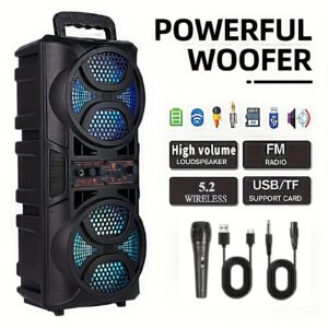 Portable Wireless Speaker With Double 6.5'' Subwoofer Heavy Bass, Wireless 33ft Outdoor Speaker, Big Loud Large Speaker, Support FM Radio, LED Colorful Lights, Stereo Sound, For Home, Party, Travel