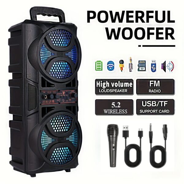 Portable Wireless Speaker With Double 6.5'' Subwoofer Heavy Bass, Wireless 33ft Outdoor Speaker, Big Loud Large Speaker, Support FM Radio, LED Colorful Lights, Stereo Sound, For Home, Party, Travel