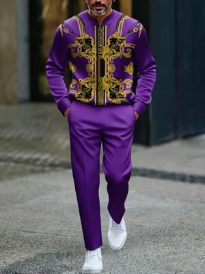 Men'S Royal Purple & Golden Court Style Suit - Semi-Open Front Formal & Party Outfit, Elegant Luxury Formal Attire for Weddings, Galas, Everyday - Easy-to-Wear Formal Events - Sophisticated Evening Gown for Men, Formal Dresses, Wedding Attire, Motivational Pattern, Sophisticated Design, Gala Outfit, Highend Fashion, Premium Material, Stylish Tuxedo, Fashionforward Men, Special Occasion Wear, Premium Fabric, Fashionconscious Men, European and American, Suitable for Any Holiday Gift