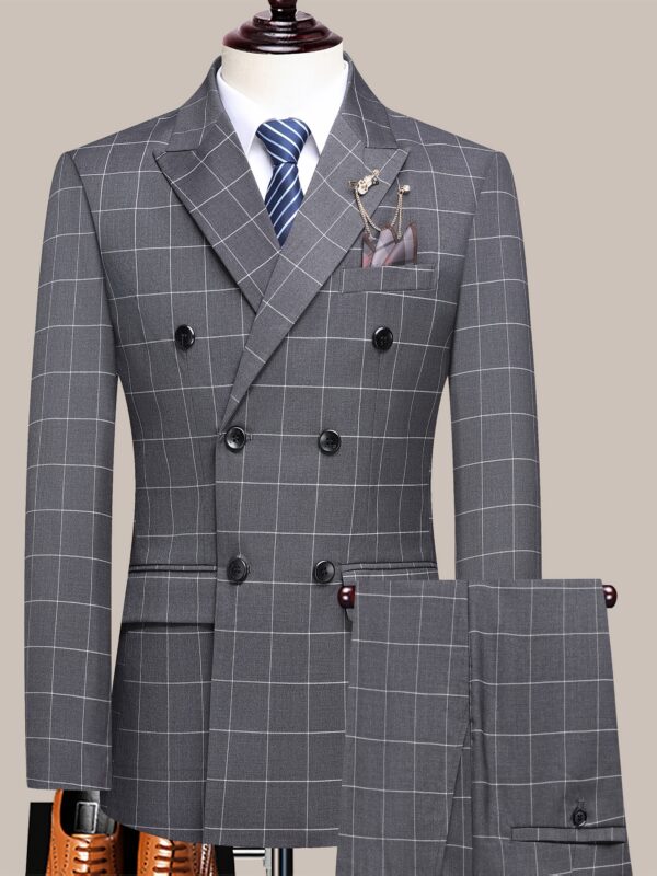 Latest Men's Suit: Checkered Double-Breasted Slim Fit Business Casual Two-Piece Set with Notch Lapel, Striped Design, Four-Button Style, Necklace Decoration for Spring/Autumn/Winter