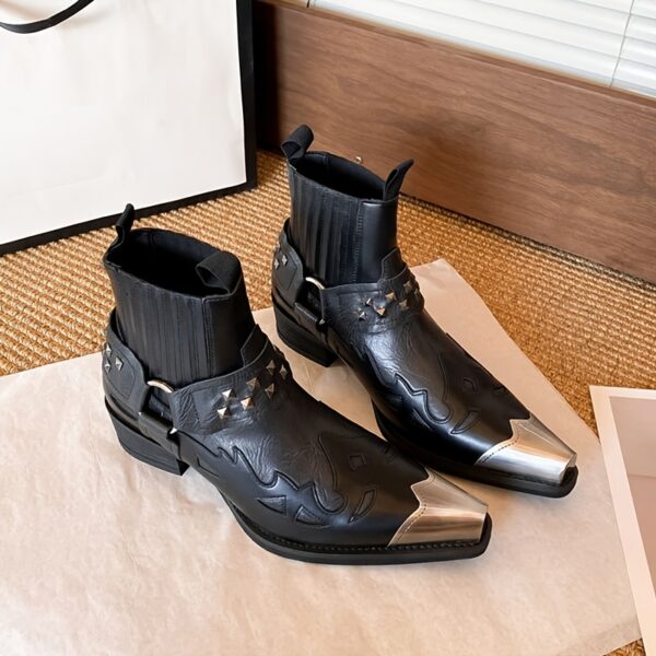 d619729a-a939-4365-ab1f-59559fab35e0.jpg Men'S Western Cowboy Boots - Slip-On Pointed Toe Ankle Boots with Metallic Accents, Synthetic Cover Upper & Rubber Sole, All-Season Streetwear for Parties, Casual Outfits - Black Boots for Men, Cowboy Accessories, Party Footwear, Durable Traction Footwear, Urban Fashion, Retro Design, Sturdy Construction, Fashion Enthusiasts, Wild West Style, Trendy Footwear, Day Of The Dead, Urban Cowboy