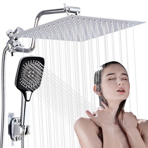 3-way rain showerhead all-metal, high-pressure showerhead, dual showerhead with 3 shower heads combo - 15-inch upgraded extension arm height adjustable, 10-inch high-flow top spray