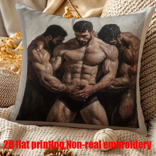 2D Flat, 1pc Contemporary Muscle Men 3D Artistic Plush Pillow Cover 18x18in - Vibrant Polyester Throw Pillow Case with Zipper Closure for Living Room, Office, Car Decor - Hand Wash Only, No Insert Included, Office Comfort Item, Modern Aesthetic, Realistic Texture, 2D Flat