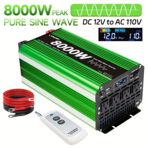 d6ee7693-b532-4cd8-861f-b722bba1f650.jpg Pure Sine Wave Inverter 8000W (Peak)Car Power Inverter Efficient 12V DC To 110V 120V AC With LCD Display And Remote & Troubleshooting, 4 US Sockets For Vehicles Car Chargers For Home Solar System RV Vans, Without Battery