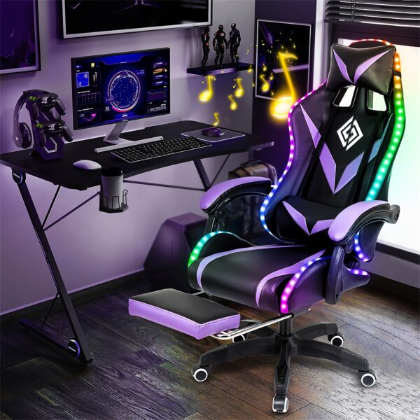 d763249e-28dc-4287-9b9e-e83c64106655.jpg HOFFREE 2.3-Point Massage Lumbar Support 135° LED Light Bar Wireless Speaker - Ergonomic Gaming Chair with USB-Powered, Sponge-Filling, Rotating Back & Cushioned Seat for PC, Laptop, Gaming Setup, Wireless Gaming Chair, Comfortable Recliner, Durable Synthetic Faux Leather Upholstery