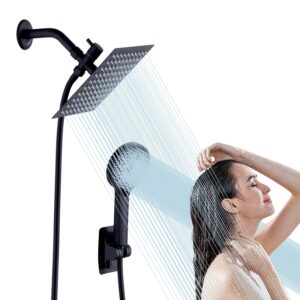 Square Rainfall Shower Head Set With Handheld Spray, 59.06inch Extra Long Hose, 3-Way Diverter, Adhesive Mount & Extension Arm - Sleek Black And Silvery Finish, Shower Head Holder, Bathroom Accessories