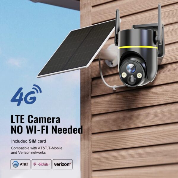 4G LTE Cellular Wireless Security Cameras Outdoor, No WiFi Require Security Camera Solar Panel Powered Battery, Off Grid Surveillance Camara Wifi, 2K QHD Color Night Vision, PIR Motion Detection, Color Night Vision, 2-Way Audio, Includes SIM Card(Support Verizon/AT&T/T-Mobile), Wireless Cameras For Home Security
