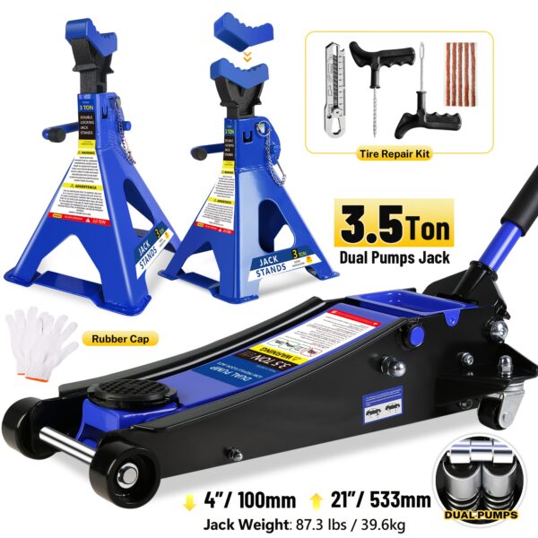 2/2.5 Ton Steel Floor Jack Quick Rise Piston Pump Low Profile, Hydraulic Trolley Car Jack with 2 Ratchet 3 Ton Jack Stands, Truck Jack Combo, Service Jack, Farm Jack Tire Repair