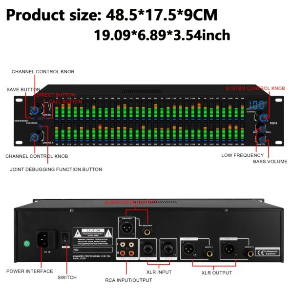 SENHEIDESHI-EQ32 2U Digital Equalizer Piano Pattern LED Lighting, Dual Band Equalizer with Music Blinking, Multiple Trs6.35/Rcalotus/Xlr CANNON Interface USB Interface Noise Reduction Function, Suitable for Stage Performance And Recording