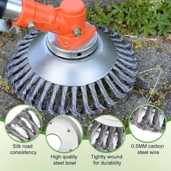 d999524c-844a-41b2-9a65-fa032cd80142.jpg Lawn Mower Blade Set, Includes Trimmer Cutting Head, Multi-Functional Weed Brush Kit, Rotating Connector, Durable Steel Wire Brush Head, Steel Wheel Weed Brush Cutter and Rotating Brush Attachment, Suitable for Lawn Mowers, Unbreakable Wire Trimmer Blades with Adapter Kit for Removing Moss and Rust