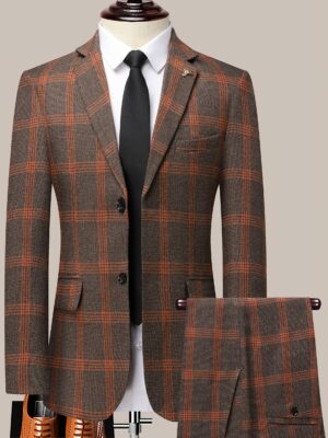 Men's Four-Season Checkered Suit Set, Slim Fit Business Casual Two-Piece Anti-Wrinkle Iron-Free Double-Breasted Suit