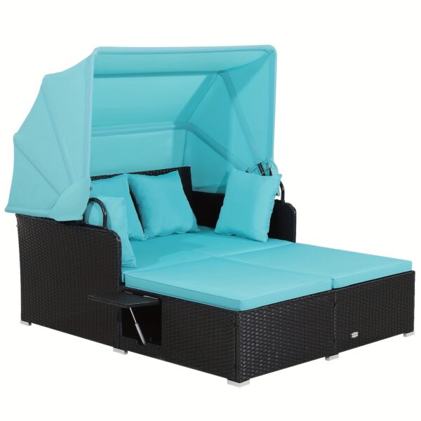 Patio Rattan Daybed Lounge Retractable Top Canopy Side Tables Cushions Navy, Patio Lounging, Backyard Seating Solution, Canopy Lounge Chair, Modern Patio Aesthetic, Contemporary Design, Durable Pe Rattan, Homeowners With Patios
