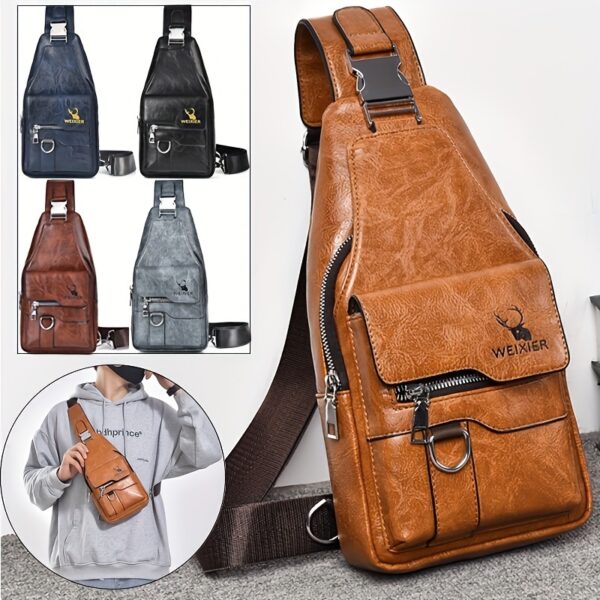 1 Men'S New Faux Leather Retro Casual Simple Chest Bag, Crossbody Large Capacity Multi Compartment Premium Men'S Crossbody Bag, Suitable For Carrying On The Go.