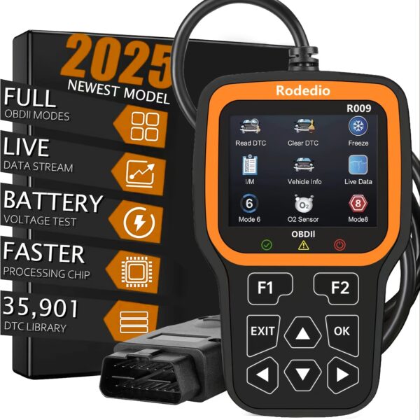 RODEDIO R009 2025 OBD2 Scanner OBDII Car Diagnostic Tools Advanced Car Diagnostic Scanner 2025 Model | Rapid OBD2 Code Reader with Live Data Stream, 35,901 DTC Library, Battery Voltage Tester & User-Friendly - OBDII EOBD Tool for All Vehicles, Without Battery