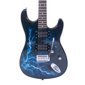 Black & Dark Blue Lightning Style Electric Guitar - Ideal for Beginners and Enthusiasts - Includes Power Cord, Strap, Bag, Plectrums & Tremolo Arm, Acoustic Guitar, Left Handed Electric Guitar, Guitar Acoustic, Acoustic Electric Guitar, Jazz Guitar, Home Practice, Beginner Guitar, Stylish Design, Modern Look, Durable Construction, Quality Materials, Plectrum Included, Music Students