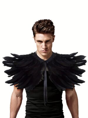[Festival Standout] Men's Gothic Feather Shoulder Cape - Adjustable Ribbon, White Faux Feathers, Perfect for Halloween, Cosplay, Masquerade, and Costume Parties, Costume Party Accessory | Dramatic Accessory | Polyester Fiber Cape, Goth Accessories