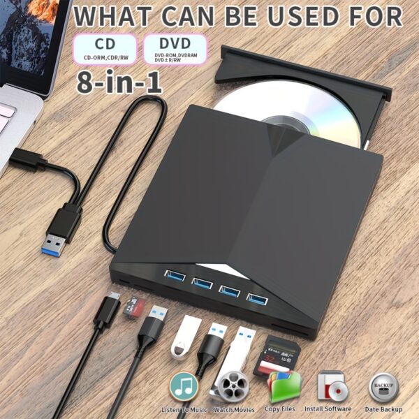 [Multifunctional DVD Drive] 7-in-1 Multifunctional USB-C Portable CD/DVD +/-RW Drive | External Player/Reader/Writer, DVD Burner, USB 3.0 Hub - Compatible with Laptops, Desktops, All-in-One Computers