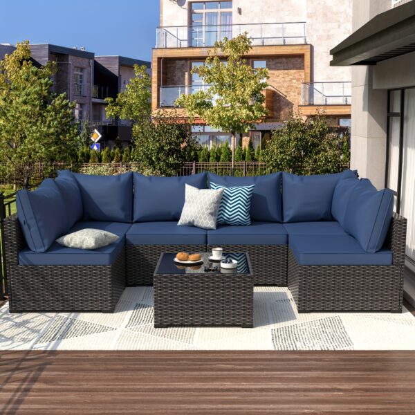Patio Furniture Set, 7pcs Outdoor Couch with Glass Table Wicker Patio Furniture PE Rattan Patio Conversation Set All Weather Sectional Porch Sofa with Washable Cushion for Balcony, Couch For Living Room, Modular Sectional Sofa, Sofa For Living Room, Patio Conversation Area, Backyard Lounge Setup, All Weather Furniture, Rattan Look Furniture, Glass Table Accent, Washable Cushion Design, All-Weather Dur