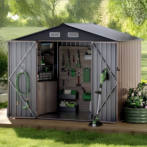 [Metal Storage Shed] 7.75x5.6ft, (7.33'x5.28' Base, No Floor), 6 X 4ft, Metal Steel Outdoor Storage Shed with Air Vent & Lockable Doors, for Garden, Patio And Backyard, Tools, Bike, 10x12ft (2 BOXES SET!)