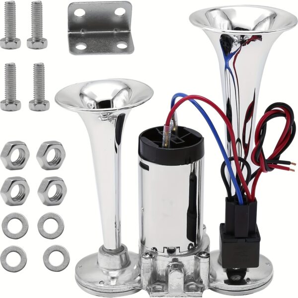 [Super Loud Meshuba] Meshuba Super Loud 12V 130DB Dual Trumpet Air Horn Kit | Zinc Alloy Chrome Finish, for SUV, Motorcycle, Truck, Pickup, Lorry, Train, Car, Boat, with Air Compressor, ≤36V Operating Voltage