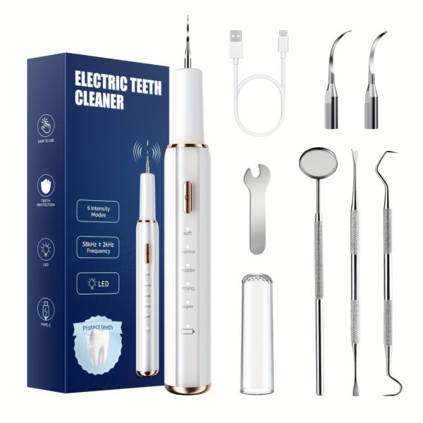 Rechargeable Electric Tooth Cleaner With 5 Speed Modes, USB Charging, Mirror And 2 Replaceable Brush Heads, Tartar Cleaner For Cleaning Gaps, Dental Cleaner With LED Light, Dental Cleaner For Stains And Tartar Removal