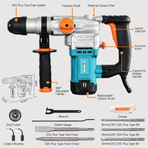 de56d8db-be0e-49e2-baa1-1f4b2e530afb.jpg 1-1/8" SDS-Plus Rotary Hammer Drill With Safety Clutch, 9 Amp 3 Functions Corded Rotomartillo For Concrete - Including 3 Drill Bits, Flat Chisel, Point Chisel, Carrying Case