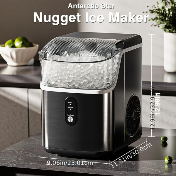 Nugget Countertop Ice Maker with Soft Chewable Ice, 34 Lbs/24 H, 26 Lbs/24 H, Pebble Portable Ice Machine, Stainless Steel Silvery, Ice Maker with Handle