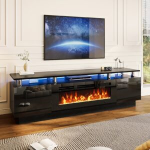 de64fd78-1817-492a-b95b-6571d3633df9.jpg 36" Electric Fireplace TV Stand with LED Lights - Modern High-Gloss Black Entertainment Center, Sturdy Stainless Steel & Engineered Wood, Closed Storage for TVs Up to 80", CSA/ETL Certified Heater with Overheat Protection, Electric Fireplace for Living Room, Media Organizer, Sleek Wood Grain, Durable Construction