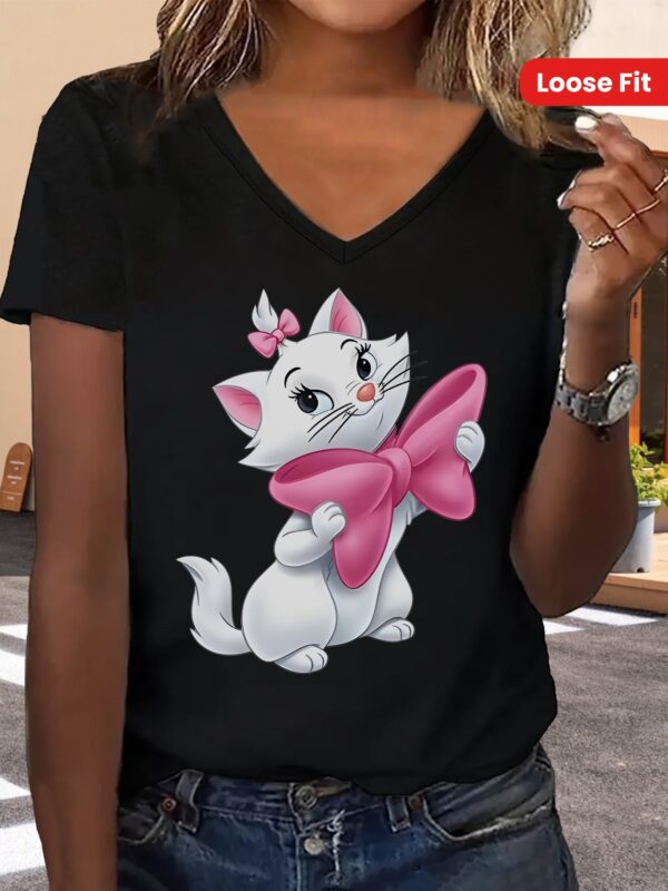 Marie the Cat Women'S V-Neck T-Shirt - Cute Cartoon Design with Pink Bow, Loose Fit, Short Sleeve, Pure, Perfect for Casual Daily Wear and Festivals, Casual Wear Tee | Playful Design | Soft Fabric, Shirts