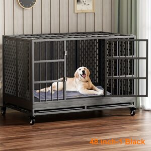 Snuowu 48 Inch Heavy Duty Dog Crate with Wheels and Unique Air Lift Rod, Folding Metal Big Dog Cage for Large Dogs, Extra Large XL XXL Indestructible Dog Crate with Removable Tray.